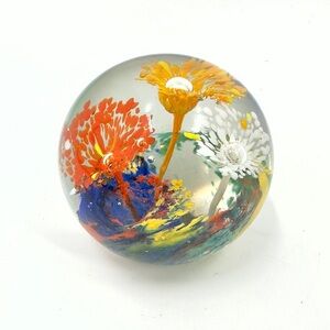 Blown Art Glass Paperweight Colorful Flower Firework Round Globe Orb Bubbles